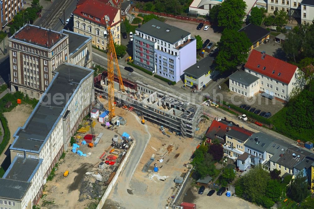 Rostock from above - Construction site for the multi-family residential building Am Gueterbahnhof in Rostock in the state Mecklenburg - Western Pomerania, Germany