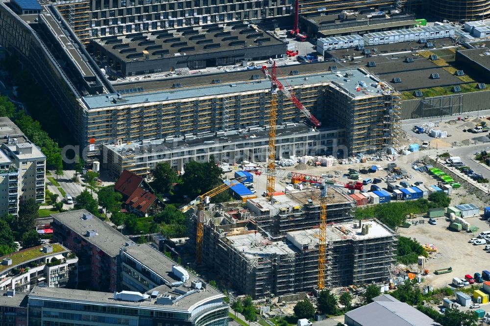 München from above - Construction site for the multi-family residential building Hanauer Strasse - Richthofenstrasse in the district Moosach in Munich in the state Bavaria, Germany