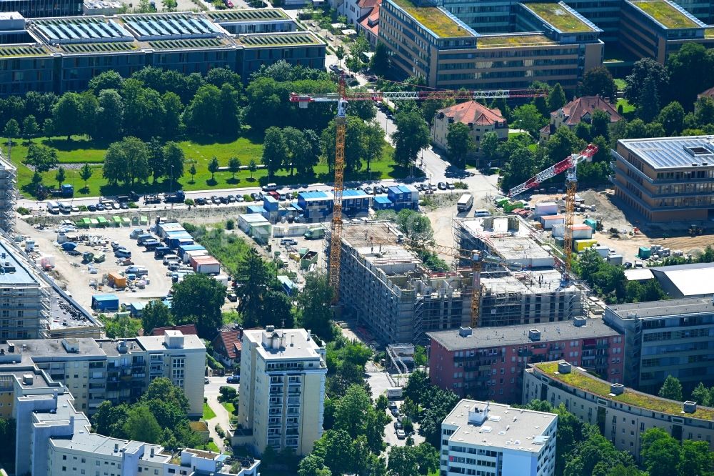 München from above - Construction site for the multi-family residential building of the project PULS on Hanauer Strasse - Richthofenstrasse in the district Moosach in Munich in the state Bavaria, Germany