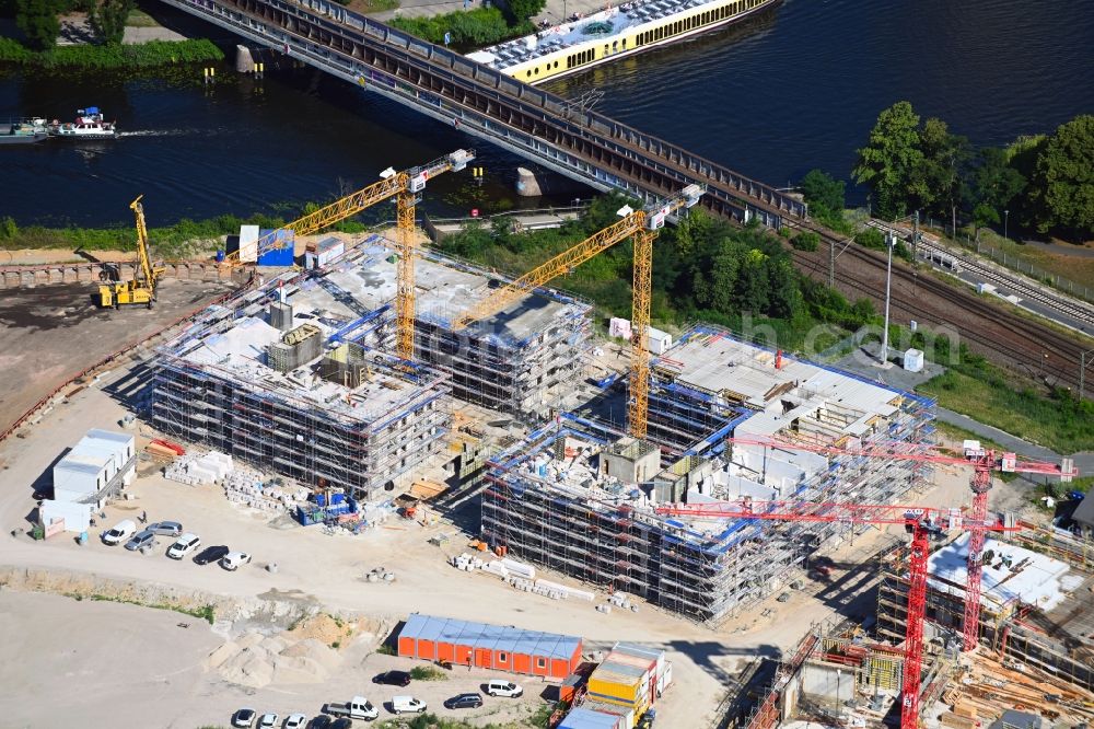 Aerial image Potsdam - Construction site for the multi-family residential building Havel Quartier Potsdam in Potsdam in the state Brandenburg, Germany