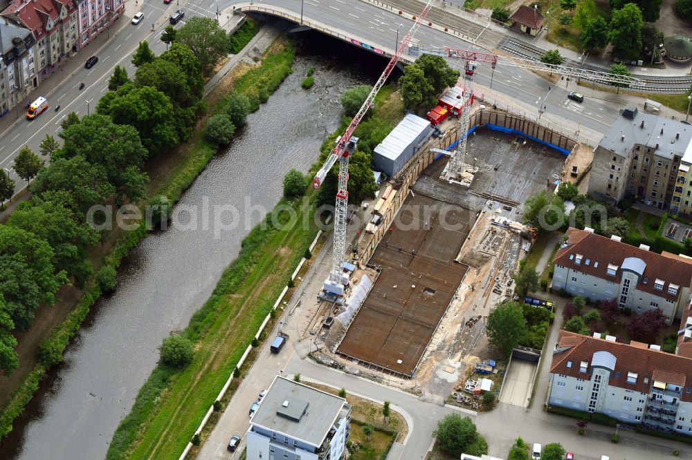 Aerial photograph Gera - Construction site for the multi-family residential building of Das HeinrichsQuartier with altersgerechten Wohnungen in Gera in the state Thuringia, Germany