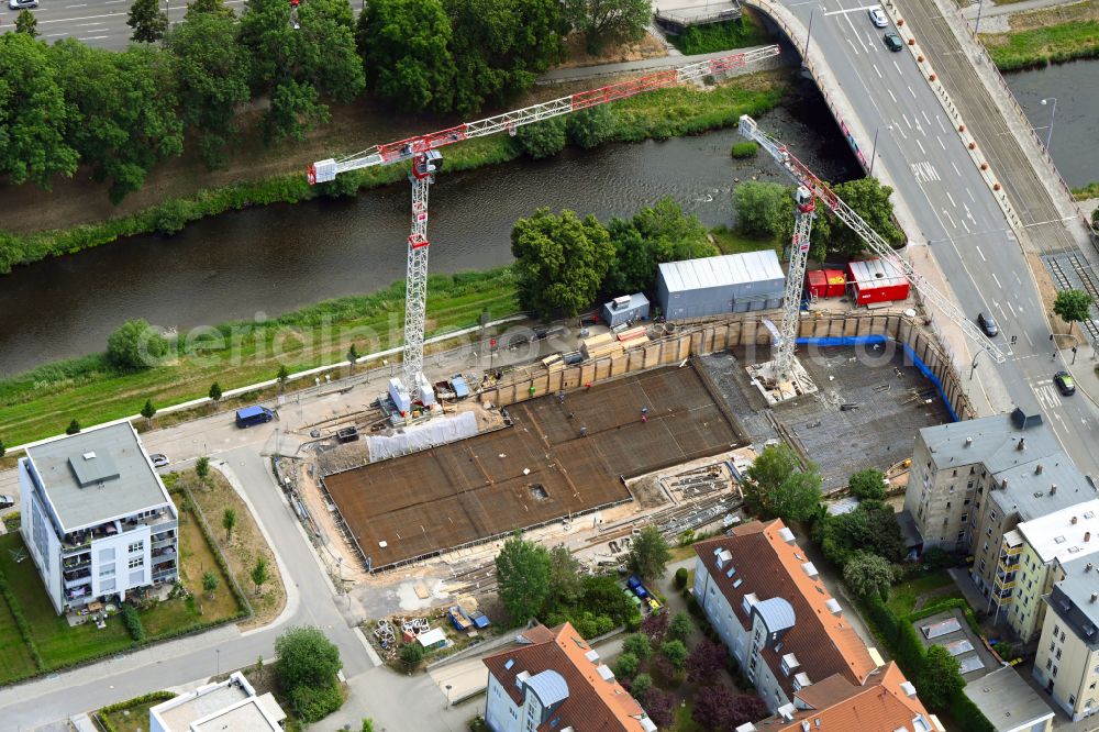 Gera from above - Construction site for the multi-family residential building of Das HeinrichsQuartier with altersgerechten Wohnungen in Gera in the state Thuringia, Germany