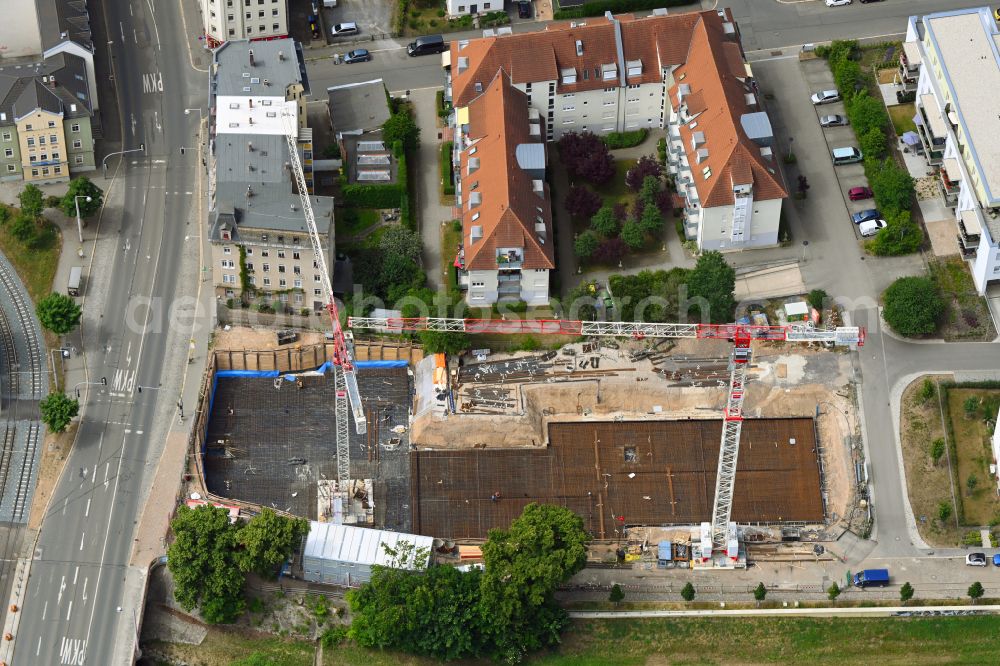 Gera from above - Construction site for the multi-family residential building of Das HeinrichsQuartier with altersgerechten Wohnungen in Gera in the state Thuringia, Germany