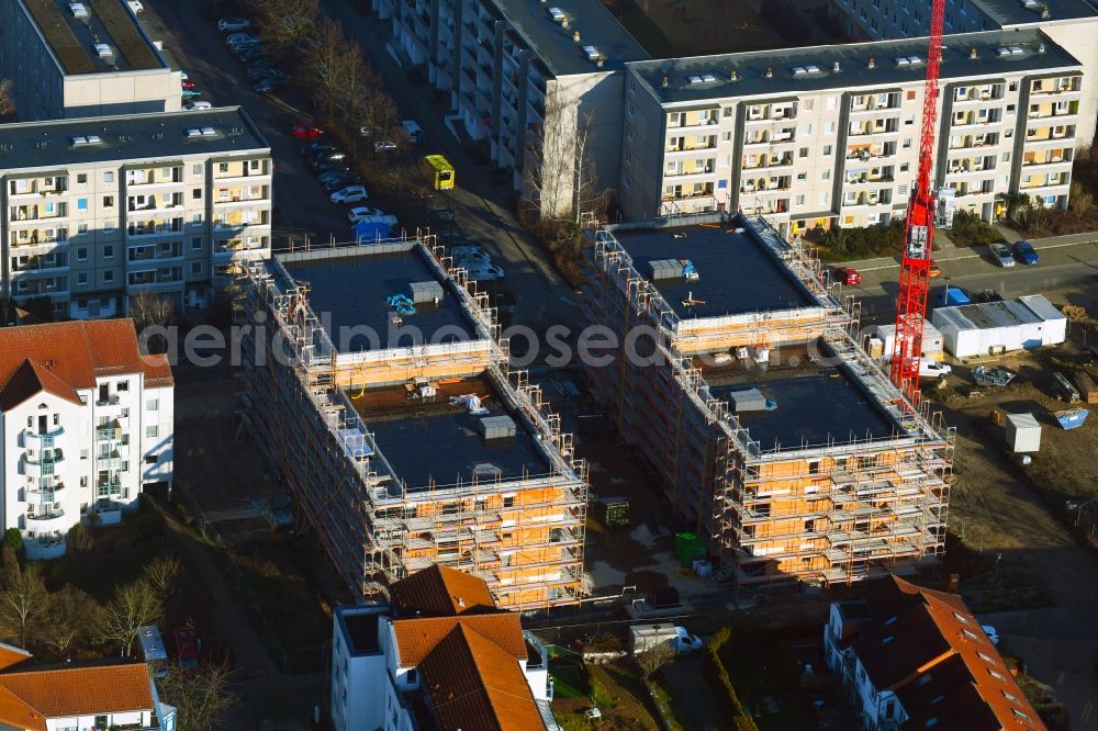 Bernau from the bird's eye view: Construction site for the multi-family residential building on Herkulesstrasse in Bernau in the state Brandenburg, Germany