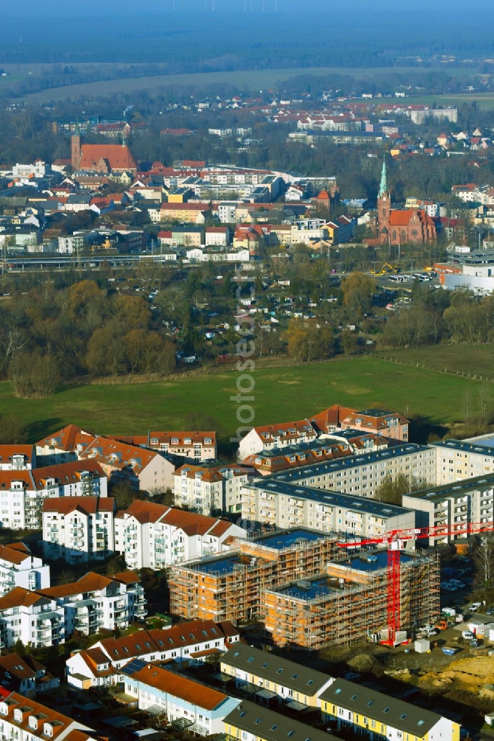 Bernau from the bird's eye view: Construction site for the multi-family residential building on Herkulesstrasse in Bernau in the state Brandenburg, Germany