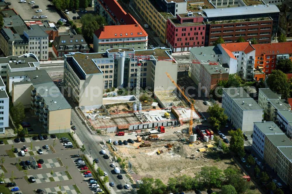 Halle (Saale) from above - Construction site for the multi-family residential building HirschQuartier on Karl-Meseberg-Strasse in Halle (Saale) in the state Saxony-Anhalt, Germany