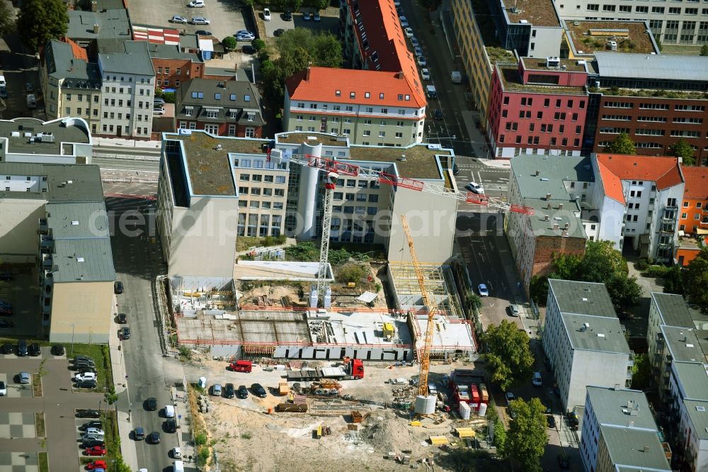 Aerial photograph Halle (Saale) - Construction site for the multi-family residential building HirschQuartier on Karl-Meseberg-Strasse in Halle (Saale) in the state Saxony-Anhalt, Germany