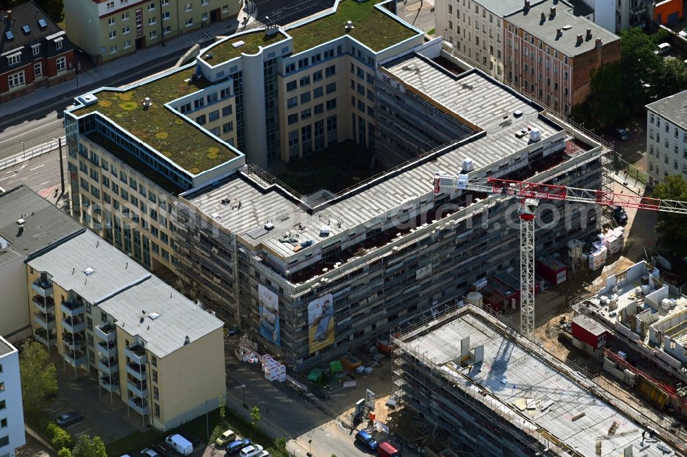 Aerial photograph Halle (Saale) - Construction site for the multi-family residential building HirschQuartier on Karl-Meseberg-Strasse in Halle (Saale) in the state Saxony-Anhalt, Germany