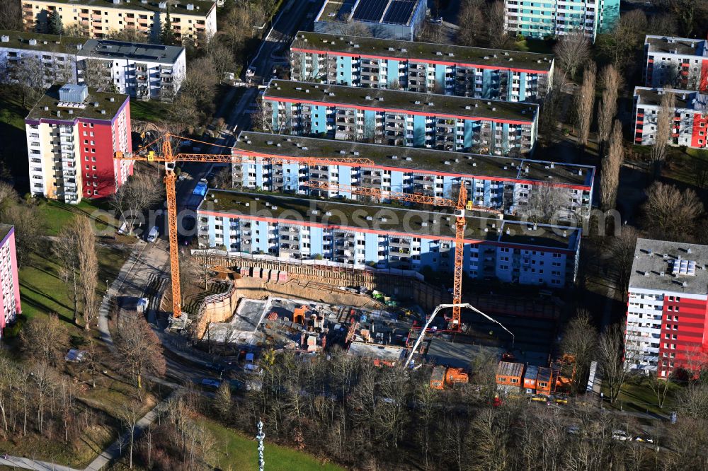 München from the bird's eye view: Construction site for the multi-family residential building in wood hybrid construction on street Kunreuthstrasse in the district Aubing in Munich in the state Bavaria, Germany