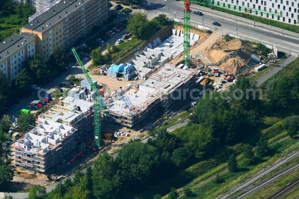 Berlin from above - Construction site for the multi-family residential building Hoyerswerdaer Strasse corner Louis-Lewin-Strasse in the district Hellersdorf in Berlin, Germany