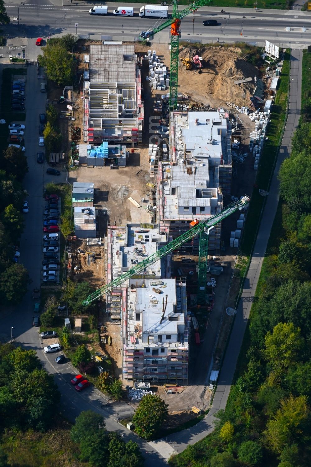 Berlin from above - Construction site for the multi-family residential building Hoyerswerdaer Strasse corner Louis-Lewin-Strasse in the district Hellersdorf in Berlin, Germany