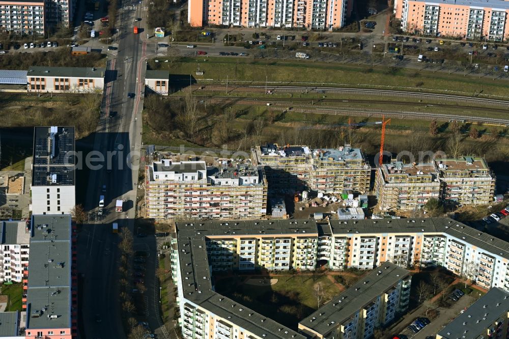 Berlin from above - Construction site for the multi-family residential building Hoyerswerdaer Strasse corner Louis-Lewin-Strasse in the district Hellersdorf in Berlin, Germany