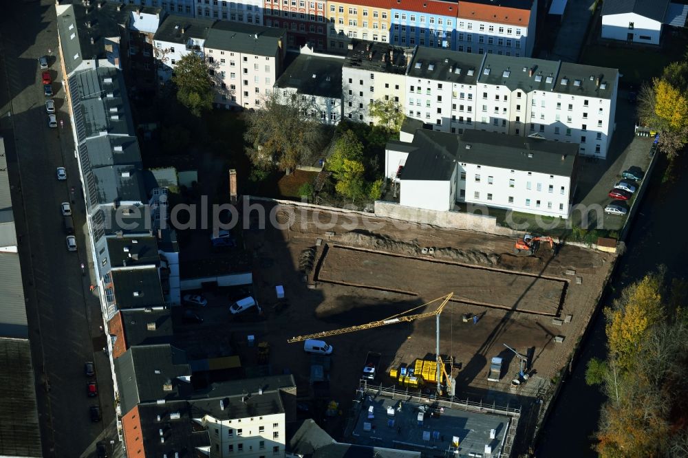 Brandenburg an der Havel from the bird's eye view: Construction site for the multi-family residential building Jahnstrasse corner Friesenstrasse in Brandenburg an der Havel in the state Brandenburg, Germany