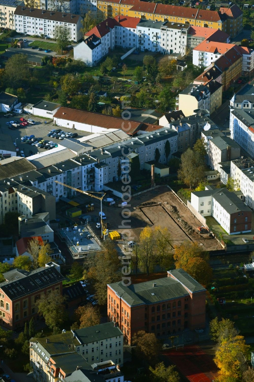 Brandenburg an der Havel from the bird's eye view: Construction site for the multi-family residential building Jahnstrasse corner Friesenstrasse in Brandenburg an der Havel in the state Brandenburg, Germany