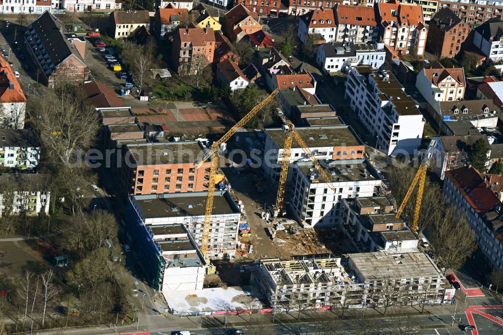 Hannover from the bird's eye view: Construction site for the multi-family residential building on Kesselstrasse in the district Limmer in Hannover in the state Lower Saxony, Germany