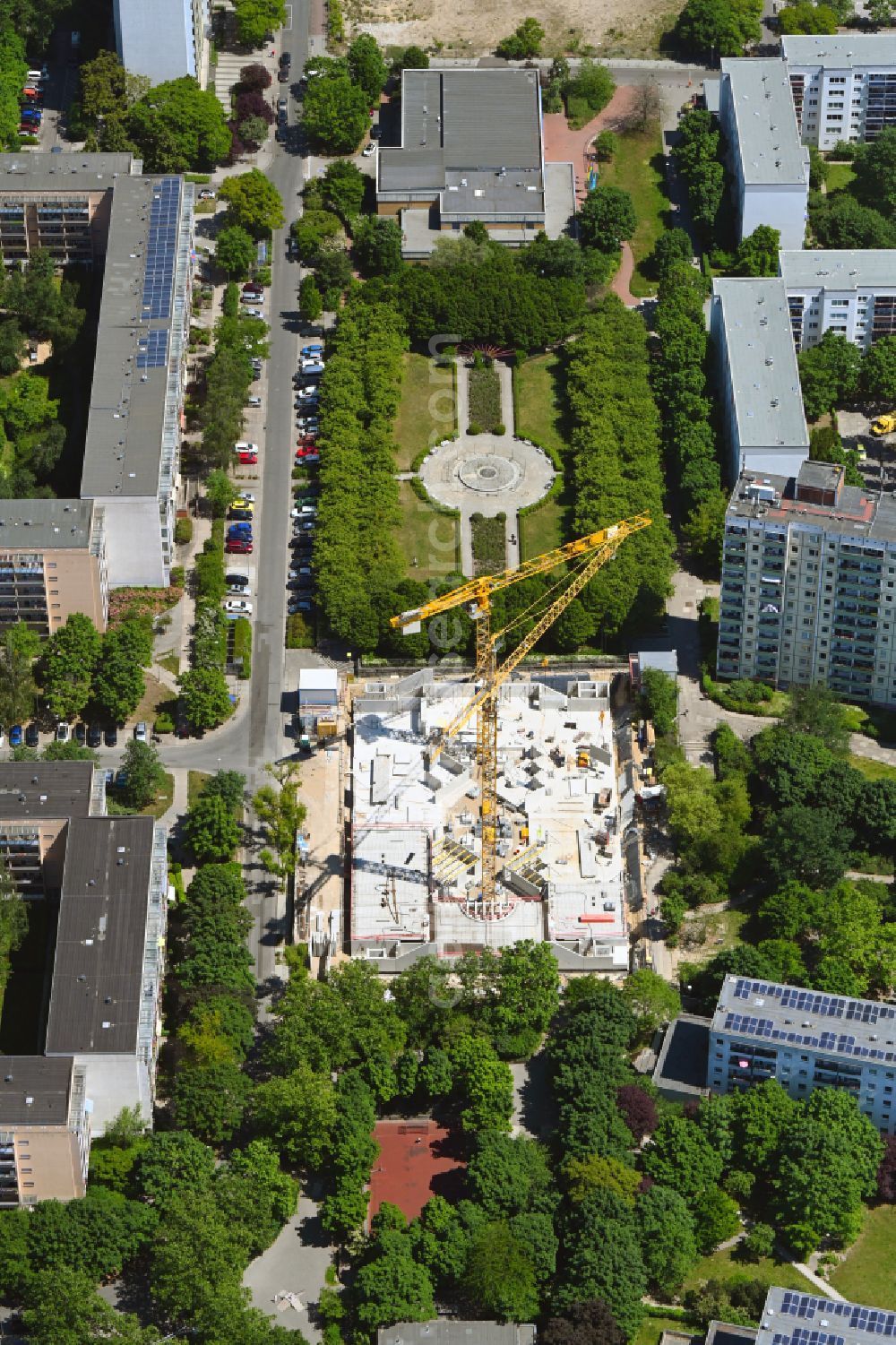 Berlin from above - Construction site for the multi-family residential building Lion-Feuchtwanger-Strasse in the district Hellersdorf in Berlin, Germany