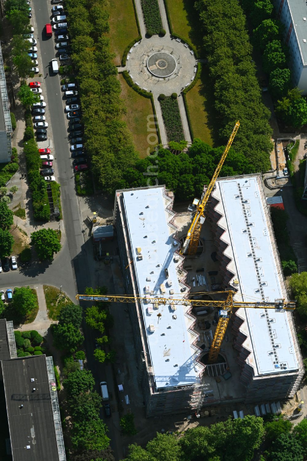 Berlin from above - Construction site for the multi-family residential building Lion-Feuchtwanger-Strasse in the district Hellersdorf in Berlin, Germany