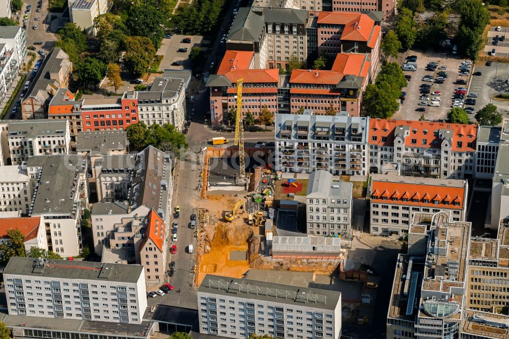 Leipzig from the bird's eye view: Construction site for the multi-family residential building Littstrasse corner Schuetzenstrasse in the district Zentrum-Ost in Leipzig in the state Saxony, Germany