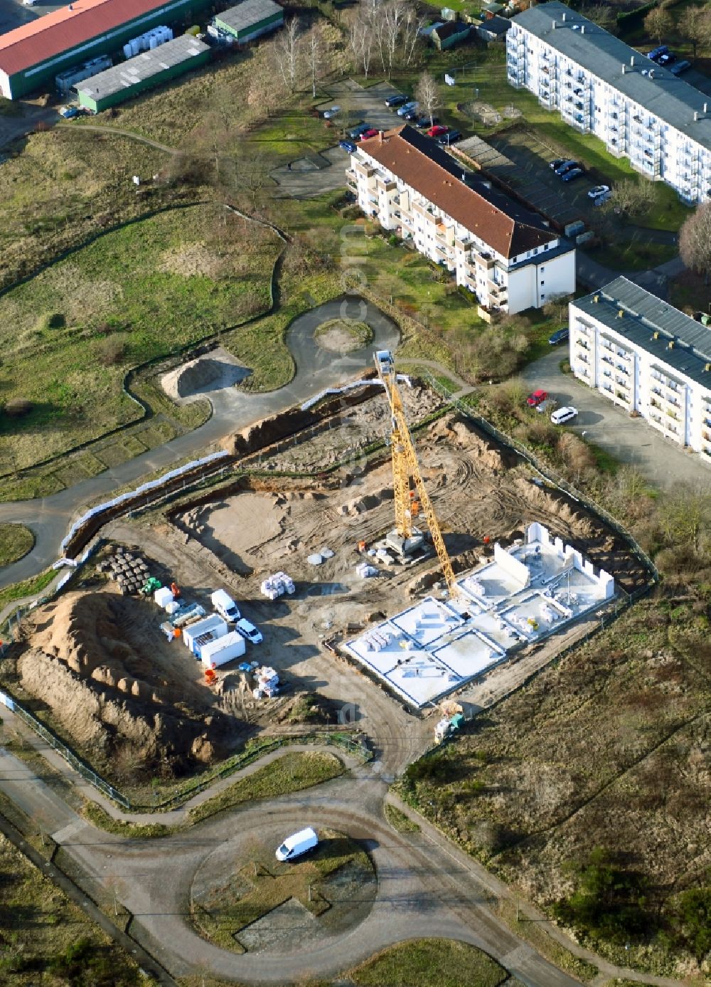 Aerial photograph Crivitz - Construction site for the multi-family residential building Muehlenbergstrasse corner Mehlbeerenweg in Crivitz in the state Mecklenburg - Western Pomerania, Germany