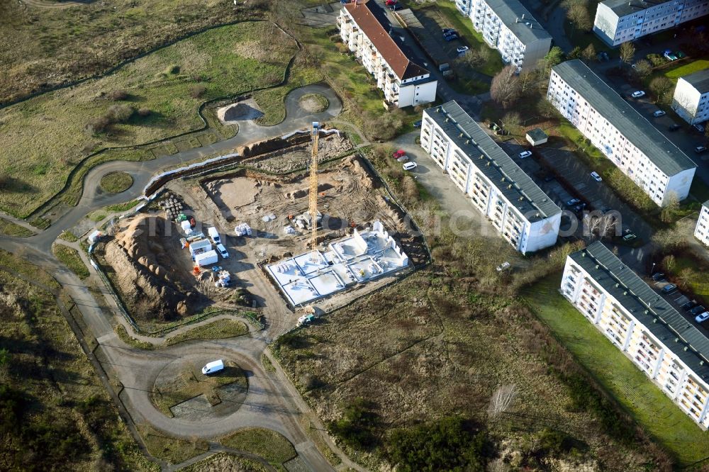 Crivitz from the bird's eye view: Construction site for the multi-family residential building Muehlenbergstrasse corner Mehlbeerenweg in Crivitz in the state Mecklenburg - Western Pomerania, Germany