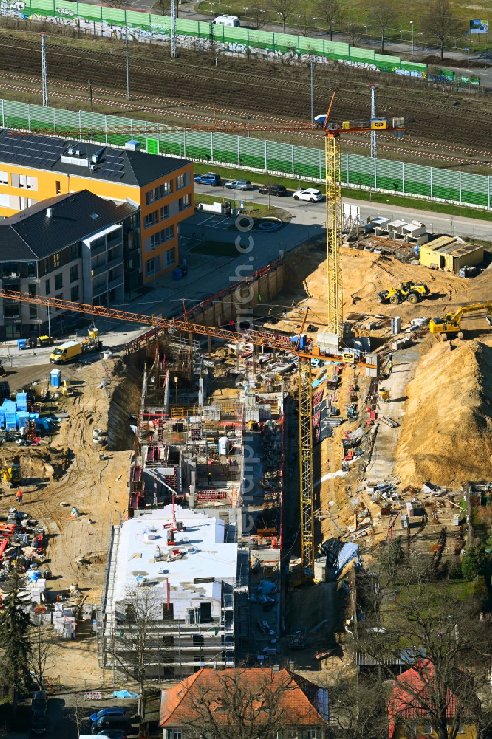 Michendorf from the bird's eye view: Construction site for the multi-family residential building on street Buednergasse - Poststrasse in Michendorf in the state Brandenburg, Germany