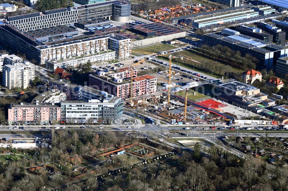 Aerial image München - Construction site for the multi-family residential building on street Hanauer Strasse in the district Moosach in Munich in the state Bavaria, Germany