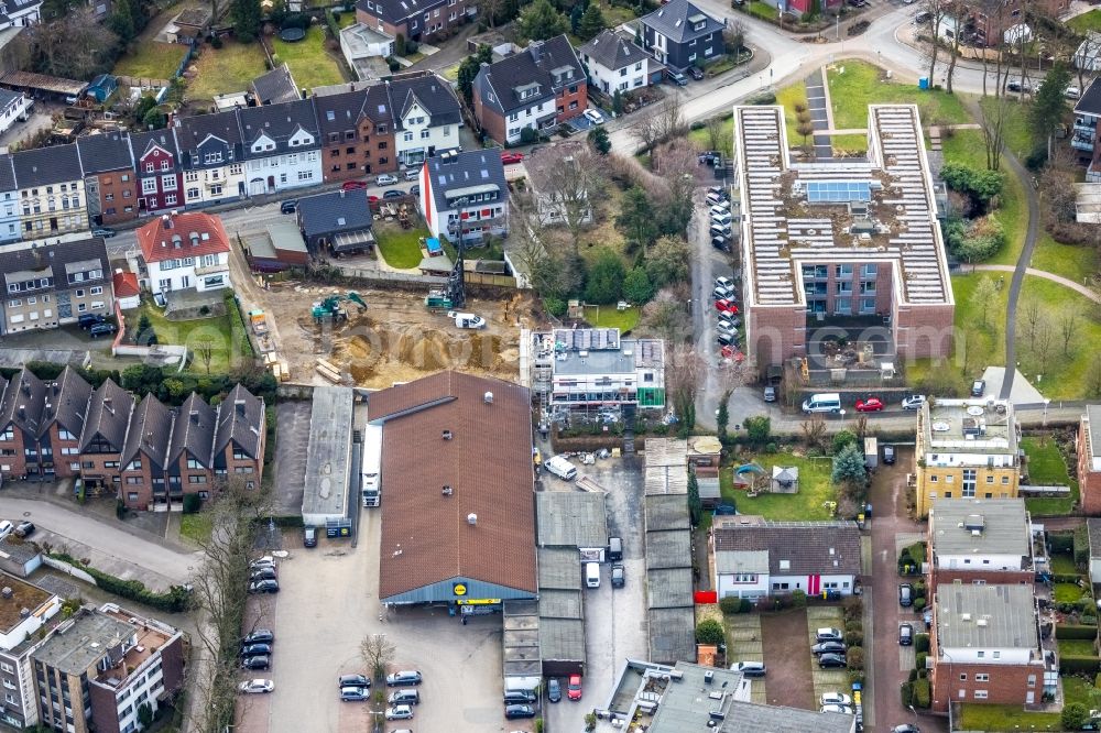 Aerial image Bottrop - Construction site for the multi-family residential building next to the Seniorenzentrum Kaethe Braus on Neustrasse in the district Stadtmitte in Bottrop at Ruhrgebiet in the state North Rhine-Westphalia, Germany