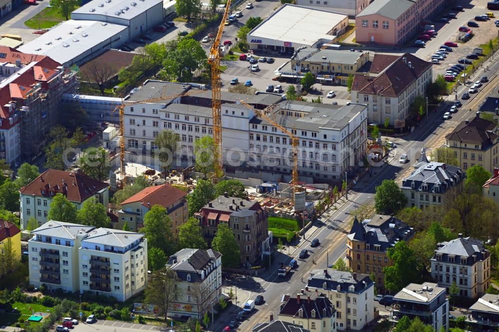 Dresden from the bird's eye view: Construction site for the multi-family residential building on Schandauer Strasse in the district Striesen in Dresden in the state Saxony, Germany