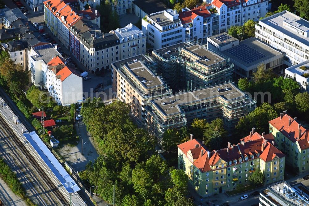 Aerial image München - Construction site for the multi-family residential building on Georg-Hallmaier-Strasse - Neuhofener Platz in the district Sendling in Munich in the state Bavaria, Germany