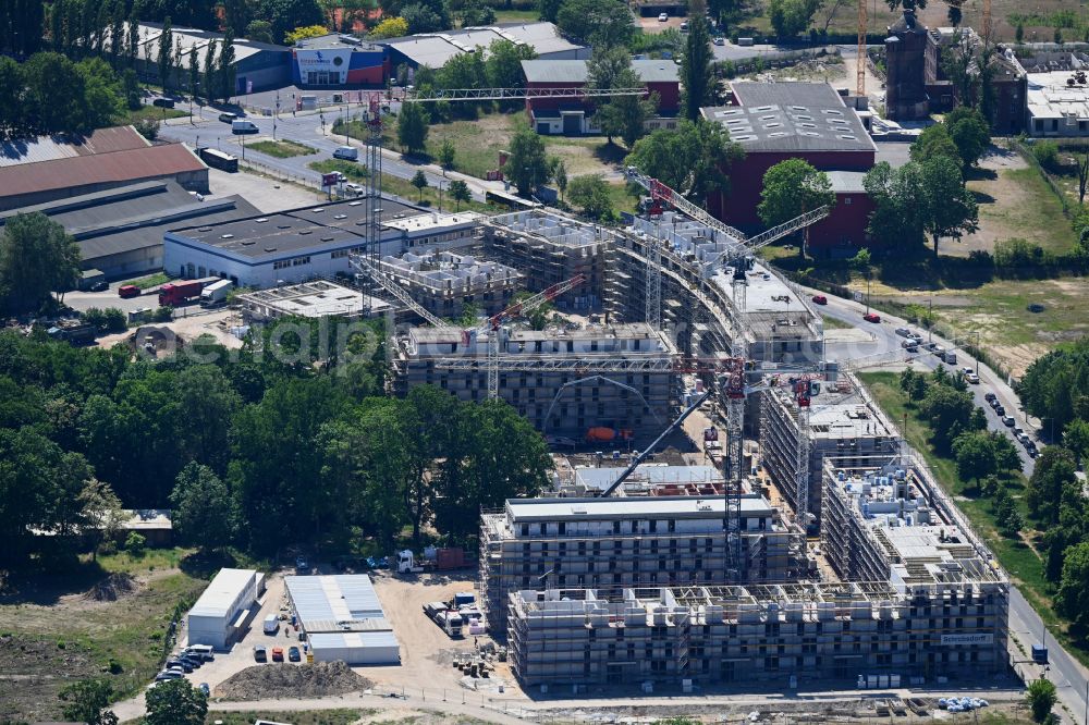 Berlin from above - Construction site for the multi-family residential building on street Rhenaniastrasse - Daumstrasse in the district Haselhorst in Spandau in Berlin, Germany