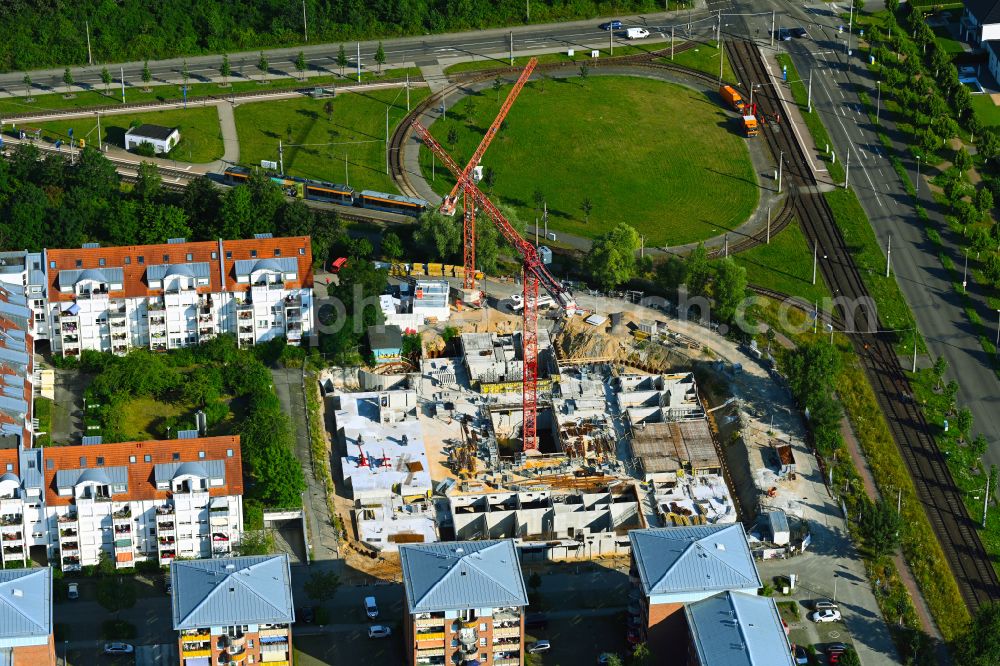 Leipzig from the bird's eye view: Construction site for the multi-family residential building on street Igelstrasse in the district Heiterblick in Leipzig in the state Saxony, Germany