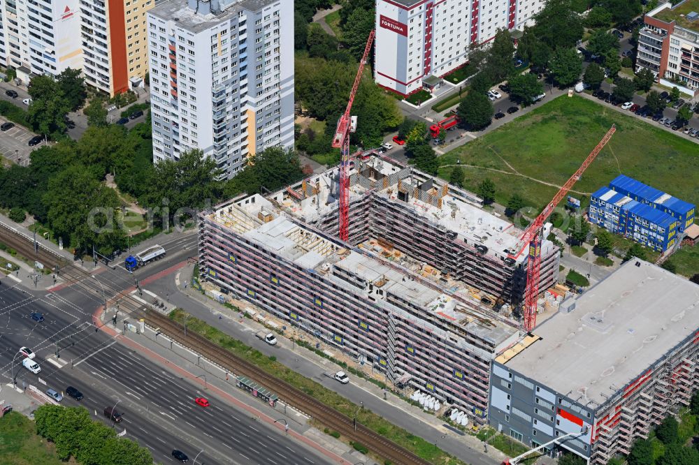 Berlin from above - Construction site for the multi-family residential building on street Arendsweg - Heldburger Strasse - Landsberger Allee in the district Hohenschoenhausen in Berlin, Germany