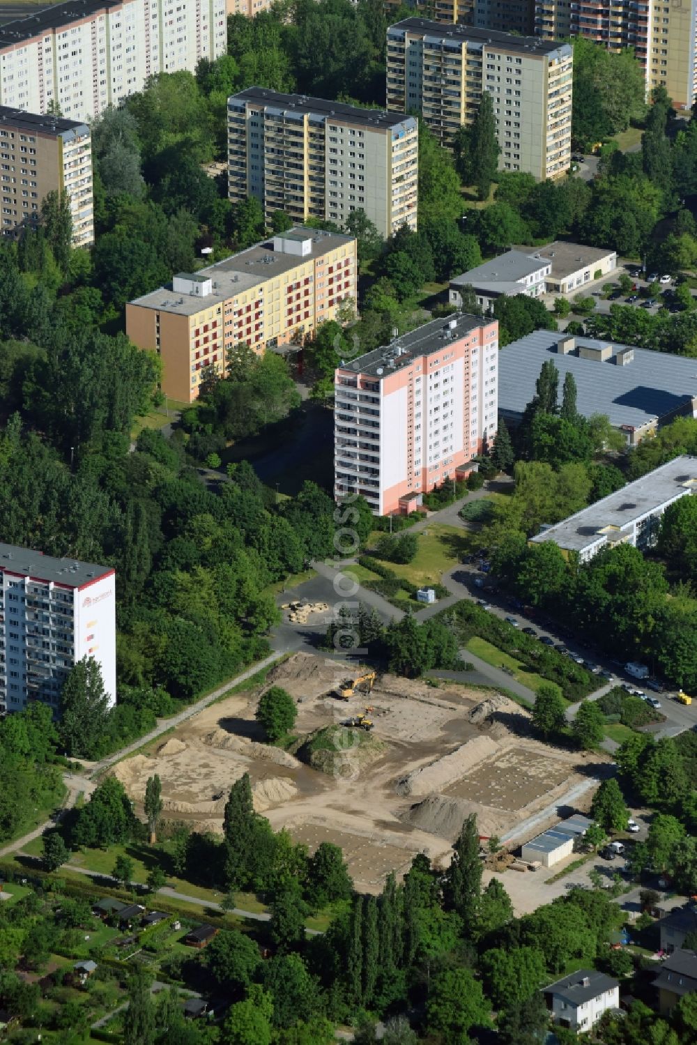 Berlin from the bird's eye view: Construction site for the multi-family residential building on Marchwitzastrasse in the district Marzahn in Berlin, Germany