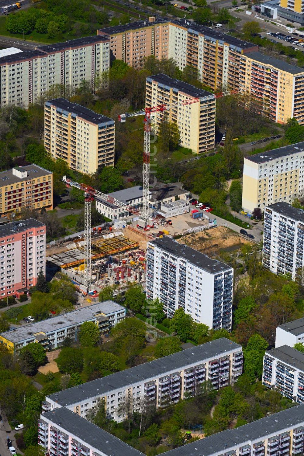 Berlin from above - Construction site for the multi-family residential building on Marchwitzastrasse in the district Marzahn in Berlin, Germany