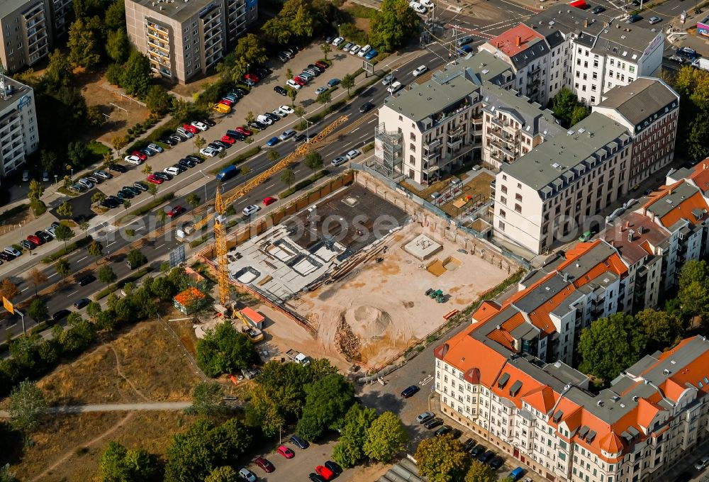 Leipzig from above - Construction site for the multi-family residential building Gerichtsweg - Perthesstrasse in the district Reudnitz in Leipzig in the state Saxony, Germany