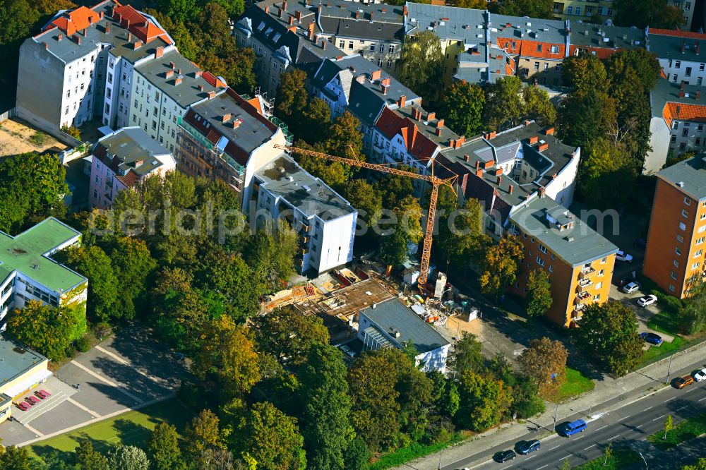 Berlin from above - Construction site for the multi-family residential building on street Groenerstrasse in the district Spandau in Berlin, Germany