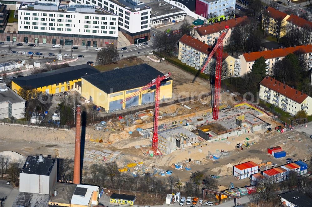 Aerial image München - Construction site for the multi-family residential building on Piusstrasse - Puereelinie in the district Berg am Laim in Munich in the state Bavaria, Germany