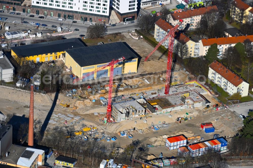 Aerial photograph München - Construction site for the multi-family residential building on Piusstrasse - Puereelinie in the district Berg am Laim in Munich in the state Bavaria, Germany