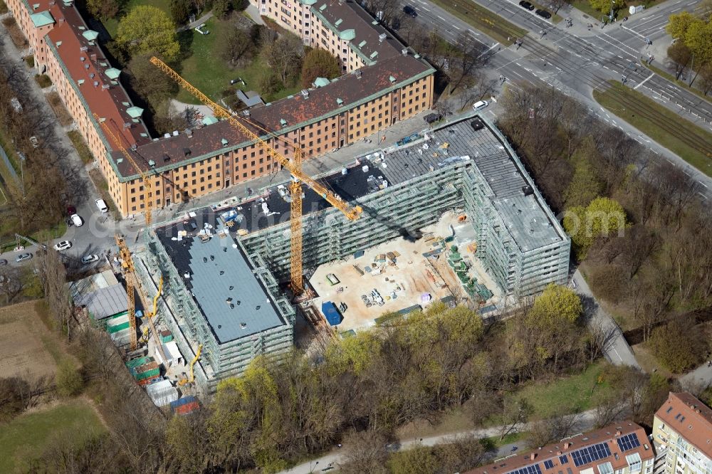 Aerial photograph München - Construction site for the multi-family residential building Postillonstrasse corner Dachauer Strasse in the district Neuhausen-Nymphenburg in Munich in the state Bavaria, Germany