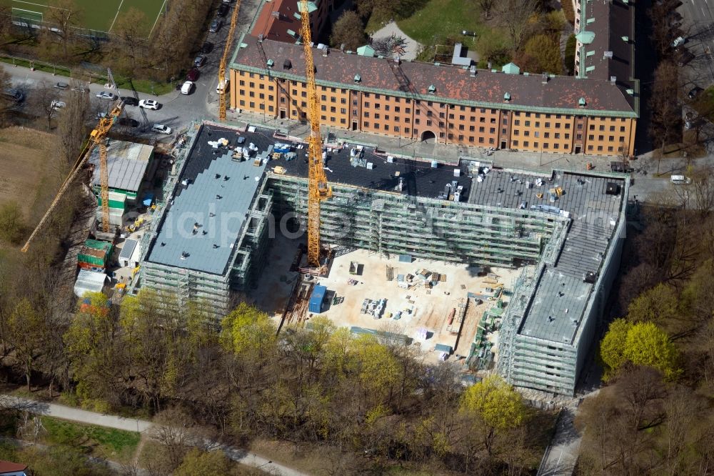 München from above - Construction site for the multi-family residential building Postillonstrasse corner Dachauer Strasse in the district Neuhausen-Nymphenburg in Munich in the state Bavaria, Germany