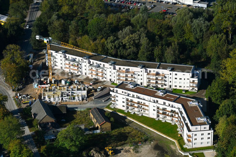 Aerial image Bernau - Construction site for the multi-family residential building of Projekts Panke Aue on Schoenfelder Weg in Bernau in the state Brandenburg, Germany