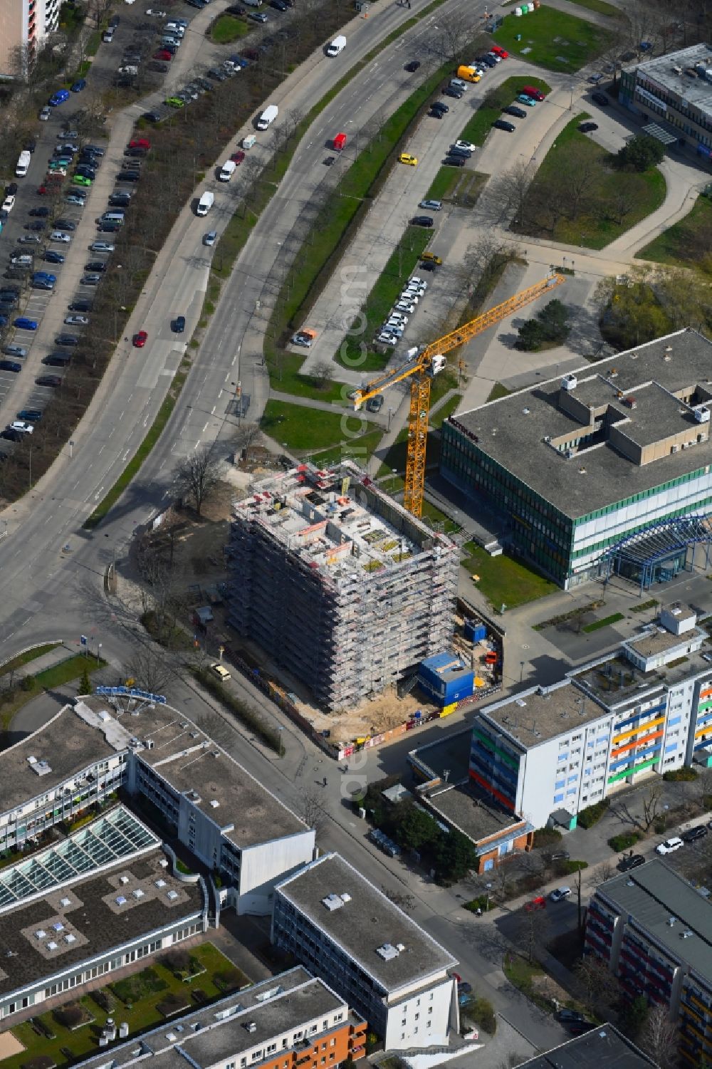 Berlin from above - Construction site for the multi-family residential building Mehrower Allee corner Sella-Hasse-Strasse in the district Marzahn in Berlin, Germany