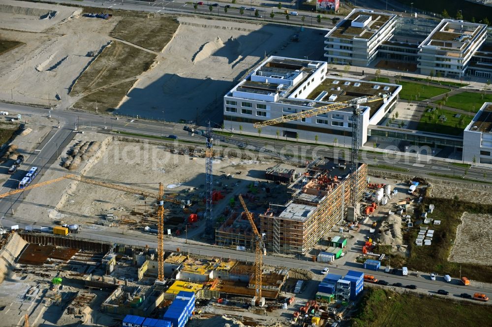 München from above - Construction site for the multi-family residential building on Roman-Herzog-Strasse in the district Freiham in Munich in the state Bavaria, Germany