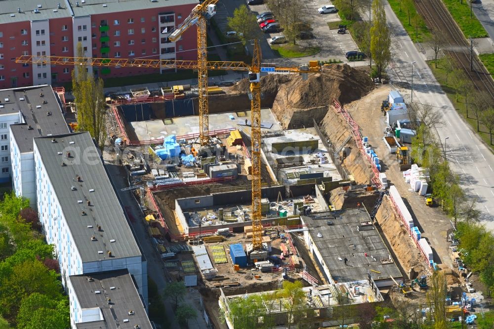 Aerial image Berlin - Construction site for the multi-family residential building Stendaler Strasse corner Tangermuender Strasse in the district Hellersdorf in Berlin, Germany