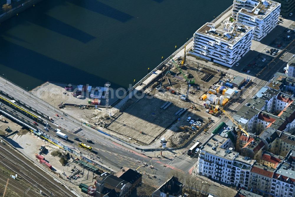 Berlin from above - Construction site for the multi-family residential building on Stralauer Allee in the district Friedrichshain in Berlin, Germany