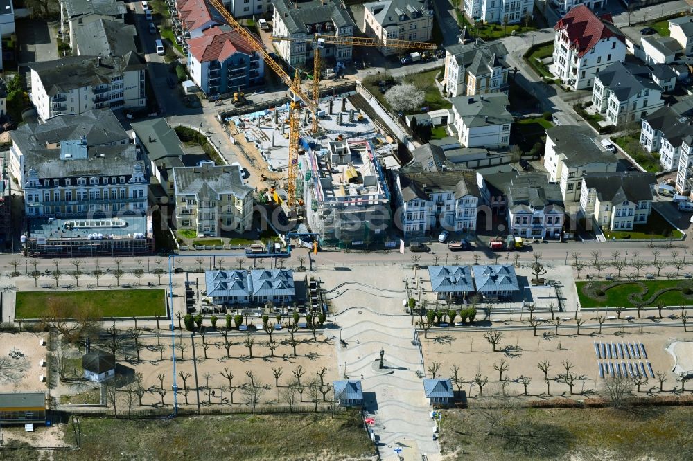 Seebad Ahlbeck from above - Construction site for the multi-family residential building Strandterrasse in Seebad Ahlbeck on the island of Usedom in the state Mecklenburg - Western Pomerania, Germany