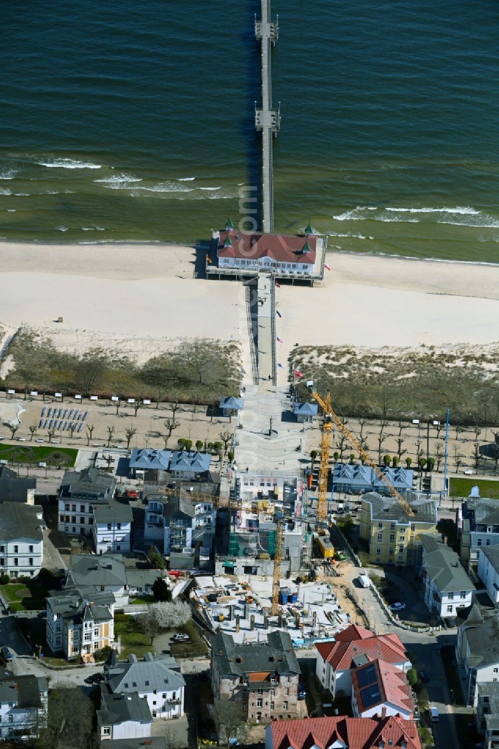 Seebad Ahlbeck from above - Construction site for the multi-family residential building Strandterrasse in Seebad Ahlbeck on the island of Usedom in the state Mecklenburg - Western Pomerania, Germany