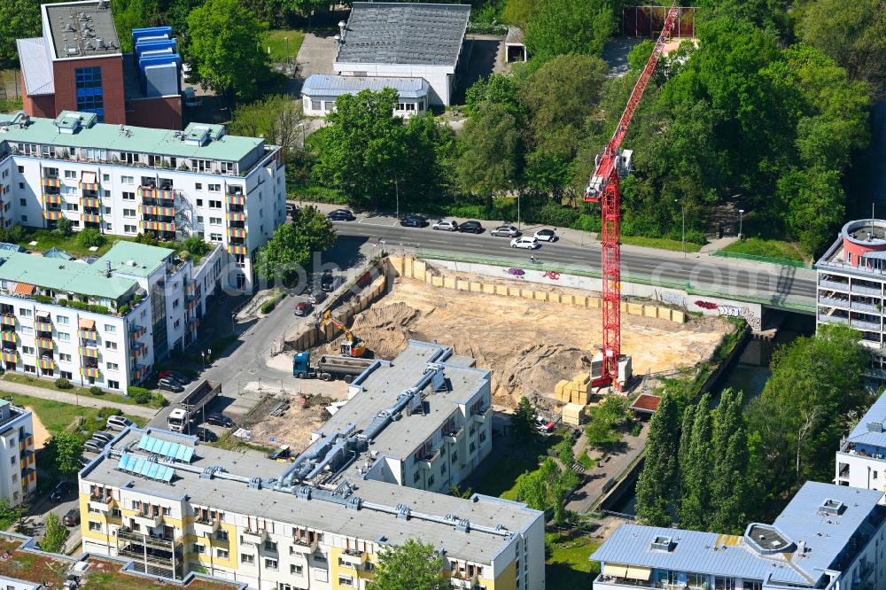 Berlin from above - Construction site for the multi-family residential building on the banks of the Stichkanal on street Am Schlossberg - Wendenschlossstrasse in the district Koepenick in Berlin, Germany