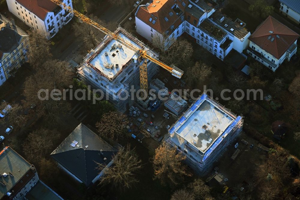 Berlin from above - Construction site for the multi-family residential building on Uhlandstrasse in the district Niederschoenhausen in Berlin, Germany