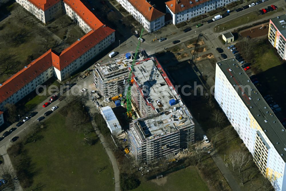 Berlin from the bird's eye view: Construction site for the multi-family residential building on Vesaliusstrasse in the district Pankow in Berlin, Germany